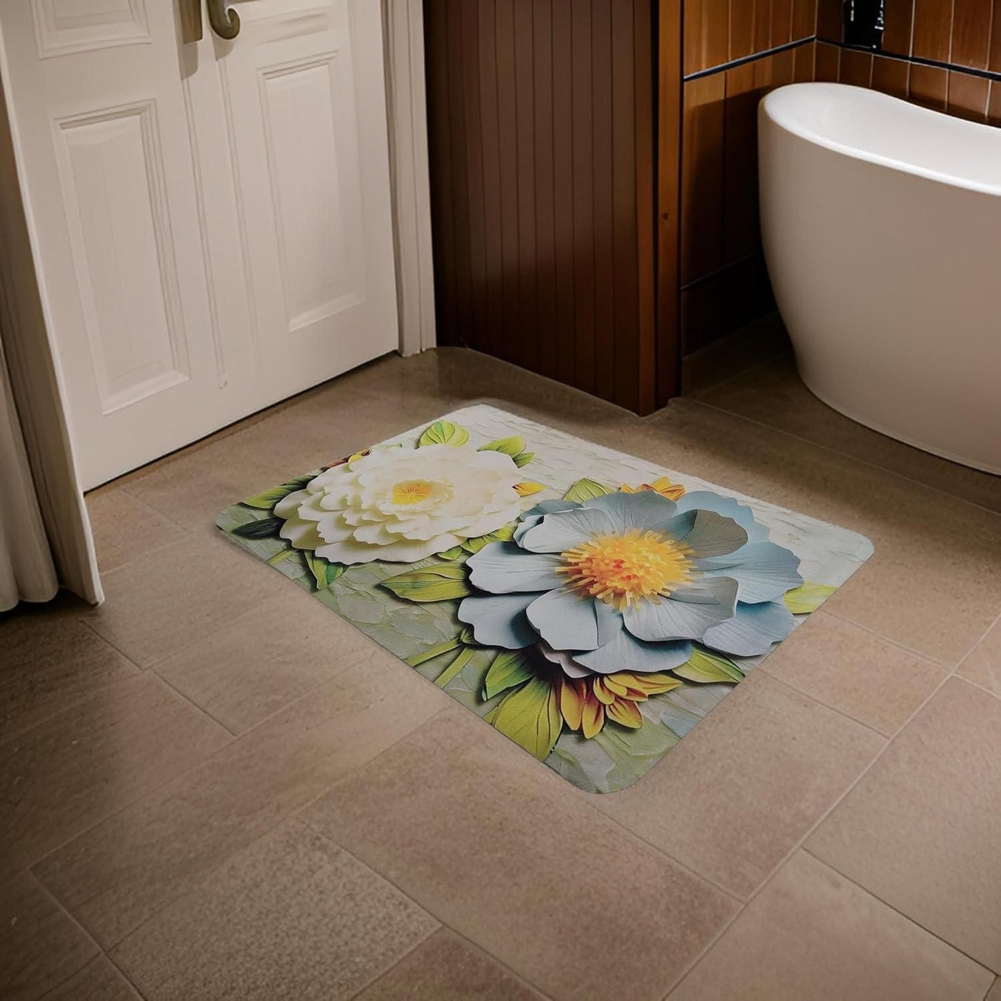 5D Flower Printed Bathroom Mat Door Mat, Rubber Non-Slip Quick Dry Rugs